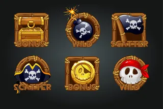 木架上的海盗图标。图标海盗符号，宝藏奖金，头骨，旗帜banner，硬币，头骨。