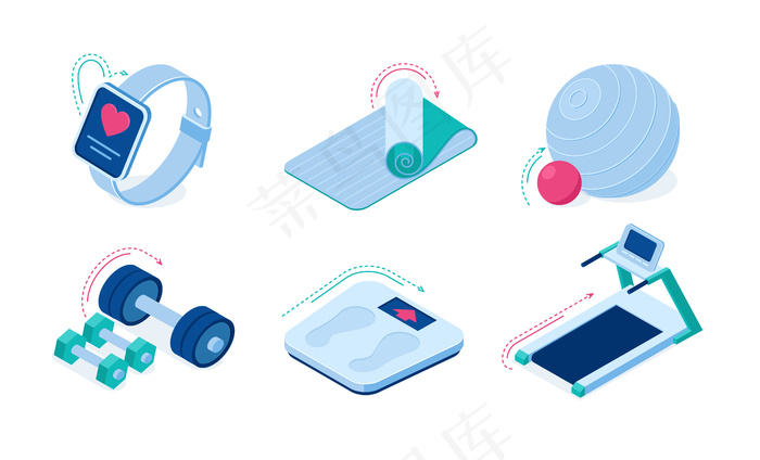 家庭体育锻炼设备和小工具等轴测矢量图标。