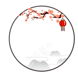 冬天腊梅红色灯笼圆形边框云纹