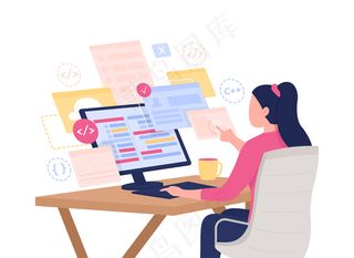 Web 开发人员半平面颜色矢量字符。女程序员形象。白色的人。自雇自由职业者隔离现代卡通风格插图，用于平面设计和动画