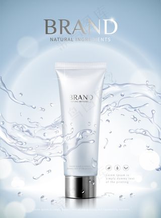 塑料管保湿护肤广告，蓝色背景泼水效果，3d插画