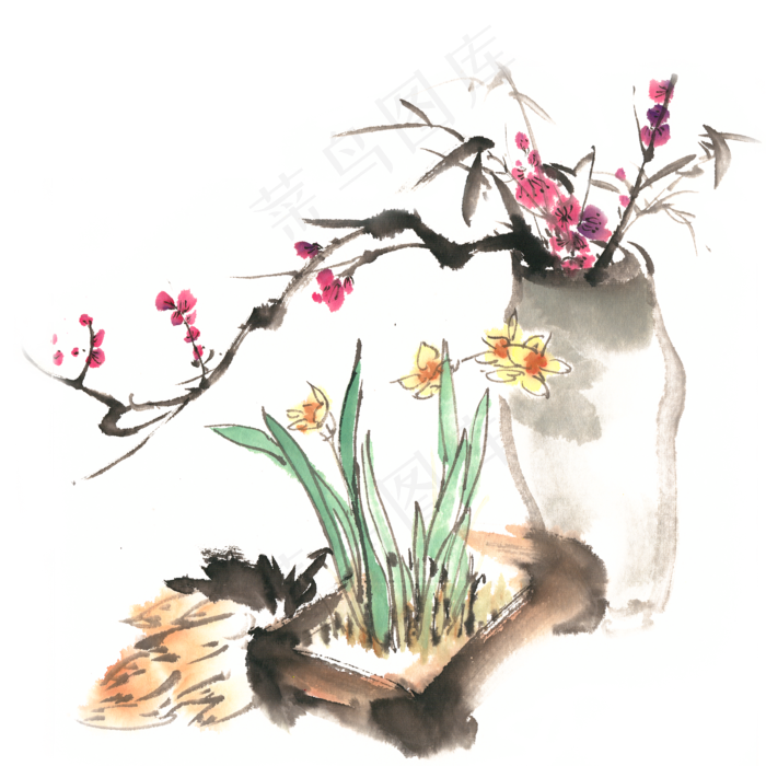 水仙与梅花水墨画PNG免抠素材