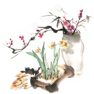 水仙与梅花水墨画PNG免抠素材