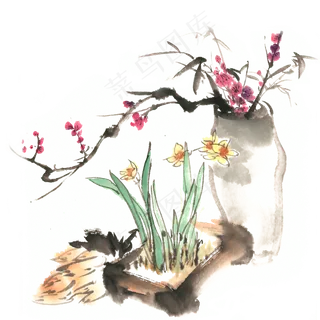 水仙与梅花水墨画PNG免抠素材