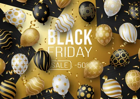 带气球的黑色星期五促销横幅banner。黑色和金色款式特价50%折扣。
