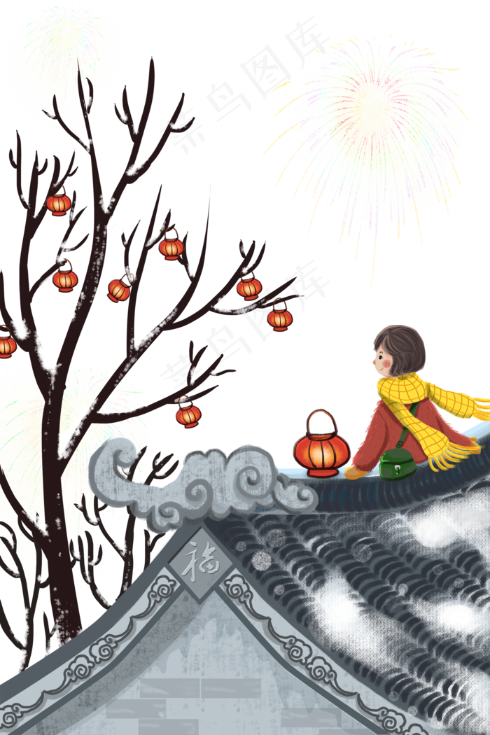 屋顶烟花灯笼女孩(2000X2999(DPI:300))psd模版下载