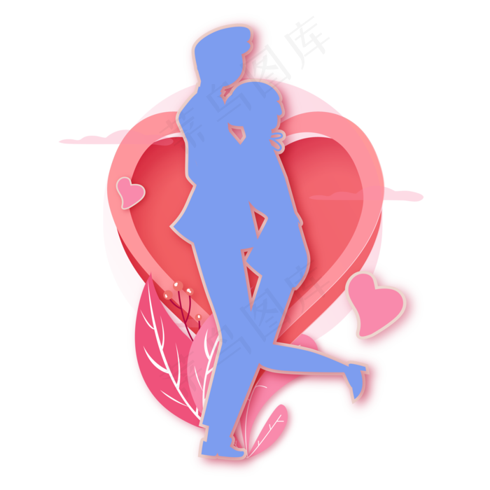 粉色爱心扁平情侣剪影