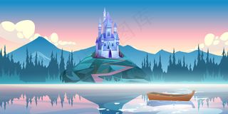 清晨岩石上的梦幻蓝色城堡