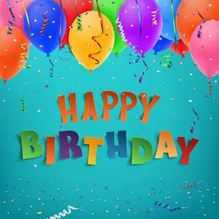 以丝带、气球和五彩纸屑为背景的生日快乐。