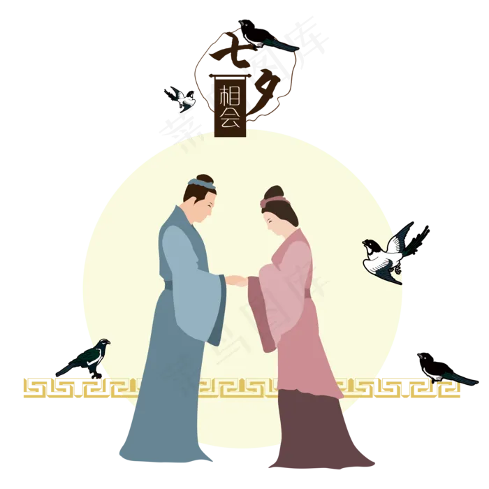 七夕情人节手绘牛郎织女(2000X2000(DPI:300))psd模版下载