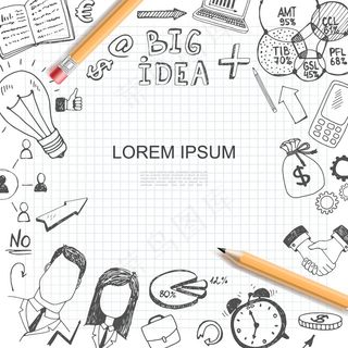 勾勒商业理念元素带灯泡的模板图表笔记本电脑钱袋箭头握手闹钟公文包商人彩色铅笔插图