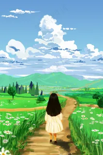 治愈唯美草地天空少女与花五月你好手绘风 治愈唯美草地天空少女与花五月你好手绘风