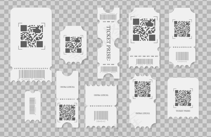 一套带褶边的空白票、优惠券和代金券。节日音乐会门票，白纸优惠券卡布局和电影院入场券一张。