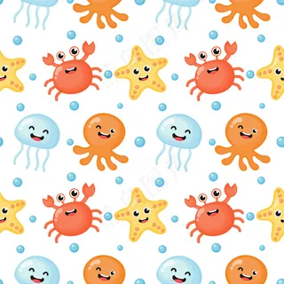 童趣无缝图案可爱搞笑海洋动物卡通