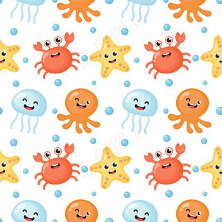 童趣无缝图案可爱搞笑海洋动物卡通