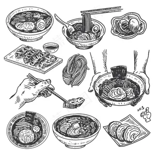 经典美食素描,手绘日本拉面菜单, 经典美食素描,手绘日本拉面菜单,