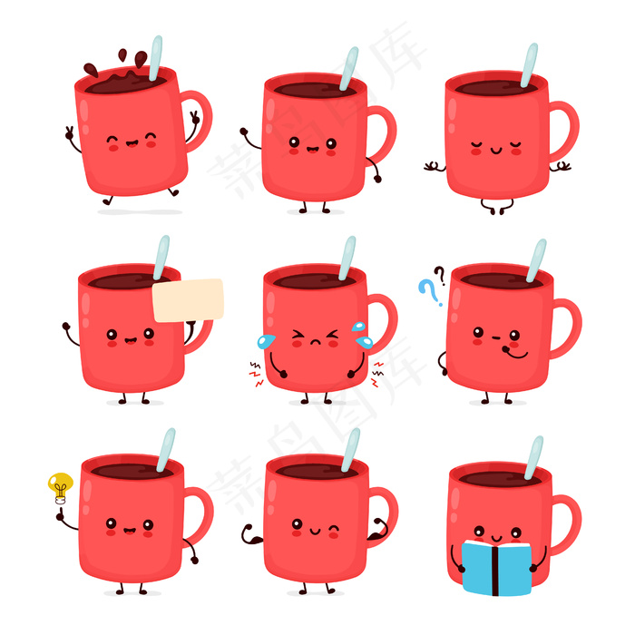 可爱快乐搞笑咖啡杯套装。eps,ai矢量模版下载