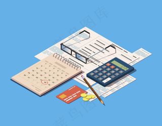 财务操作图标包括发票、计算器、日历和信用卡