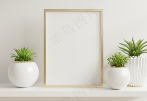 家庭内部海报模型样机与垂直金属框架装饰植物在盆