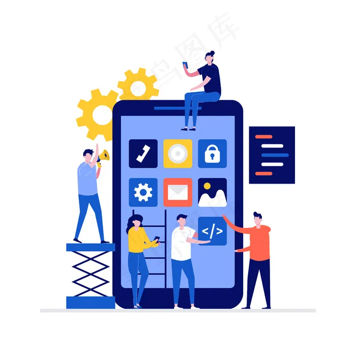 手机app移动应用程序开发说明概念与字符，智能手机，程序编码。eps,ai矢量模版下载