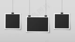 悬挂相框。空白相框挂在绳子上用夹子、墙壁记忆、复古图像记忆相册。逼真的矢量设计