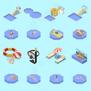 水上公园水上公园等距设置与16个游泳的人，水滑梯和日光躺椅孤立的图像