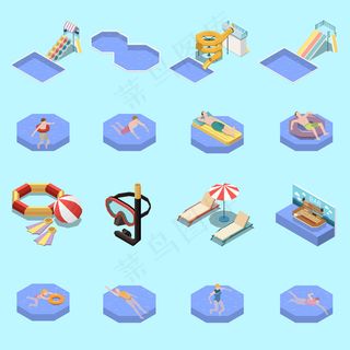 水上公园水上公园等距设置与16个游泳的人，水滑梯和日光躺椅孤立的图像