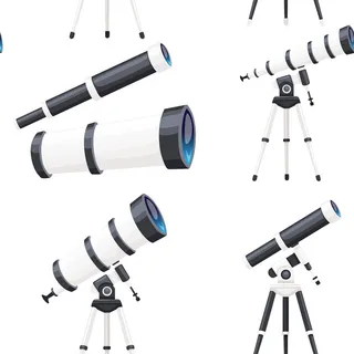 带支架的白色望远镜的无缝图案，白色背景上没有平面矢量图。
