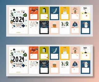 可爱的2021日历。包含所有月份的年度计划日历。良好的组织和日程安排。明亮多彩的hygge插图与动机语录。