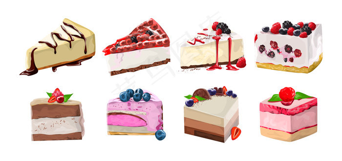 一套美味可口的甜点。浆果蛋糕。甜的垃圾食品。插图