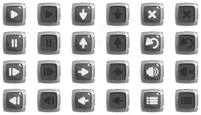 卡通按钮设置游戏图标。两个位置的灰色图标套件，单色。eps,ai矢量模版下载