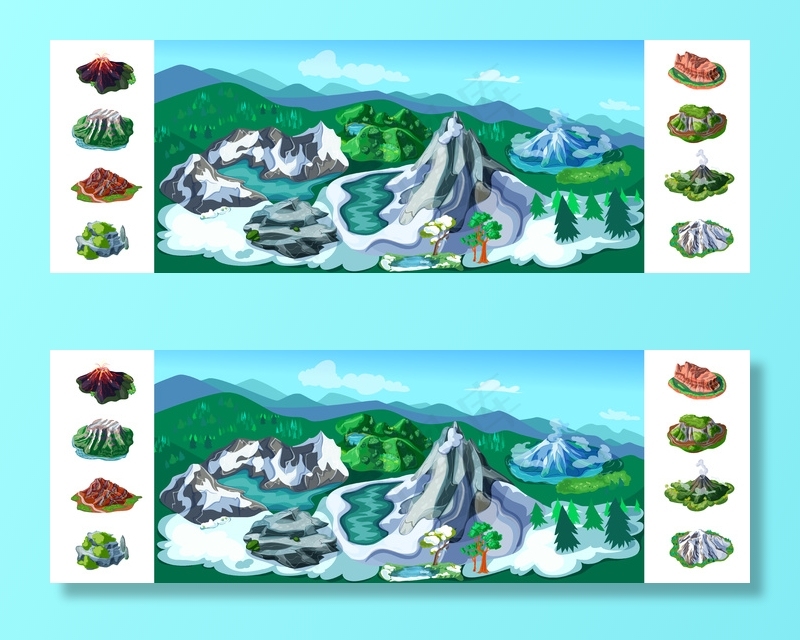 丰富多彩的自然景观背景，美丽的雪山，火山，树木，丘陵，不同的岩石和山峰eps,ai矢量模版下载