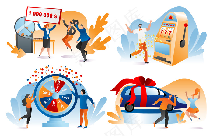 中奖彩票，幸运中奖者一套插图。幸运的人拿着一张百万美元的银行支票。中奖的彩票、奖品、汽车。赌博，赌场有机会玩和赢。eps,ai矢量模版下载