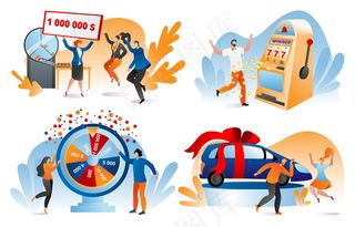 中奖彩票，幸运中奖者一套插图。幸运的人拿着一张百万美元的银行支票。中奖的彩票、奖品、汽车。赌博，赌场有机会玩和赢。