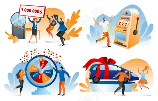 中奖彩票，幸运中奖者一套插图。幸运的人拿着一张百万美元的银行支票。中奖的彩票、奖品、汽车。赌博，赌场有机会玩和赢。