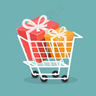 带礼品盒的手推车，购物理念。