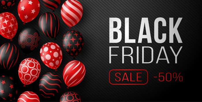黑色星期五销售横幅banner，黑色背景上有暗红色闪亮的气球，有地方放文字。插图。