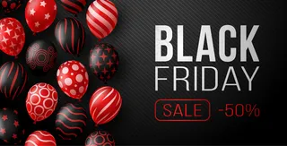 黑色星期五销售横幅banner，黑色背景上有暗红色闪亮的气球，有地方放文字。插图。