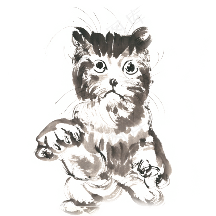 伸爪的小猫水墨画PNG免抠素材(2200*2200px 300 dpi )psd模版下载