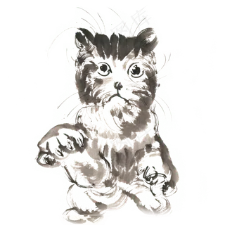 伸爪的小猫水墨画PNG免抠素材