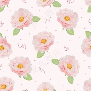 水彩画粉红英国玫瑰与玫瑰金闪光无缝模式的纸张或织物