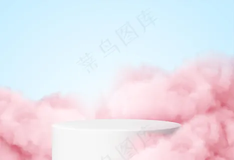 蓝色背景，产品讲台周围是粉色的云。