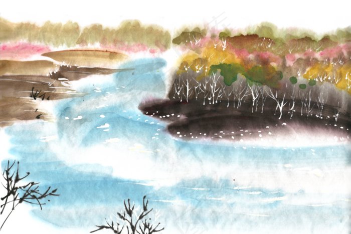 秋季的河流水墨画PNG免抠素材