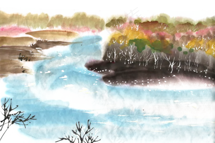 秋季的河流水墨画PNG免抠素材(1125X2436(DPI:72))psd模版下载