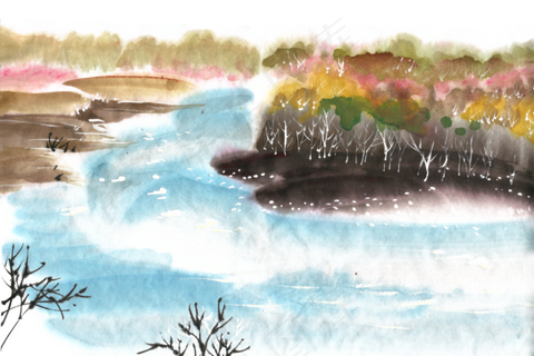 秋季的河流水墨画PNG免抠素材