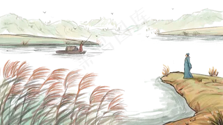 寒露主题之水墨画风风景芦苇