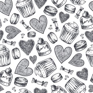 无缝纸杯蛋糕，糖果，杏仁饼，心形手绘图案。黑白复古涂鸦背景