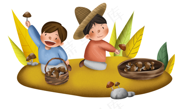 秋天采蘑菇的小孩