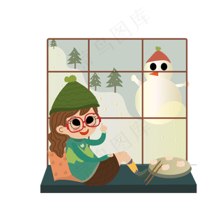 立冬卡通手绘风女孩观雪景