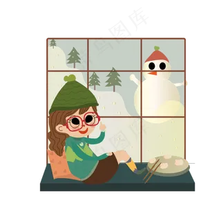 立冬卡通手绘风女孩观雪景